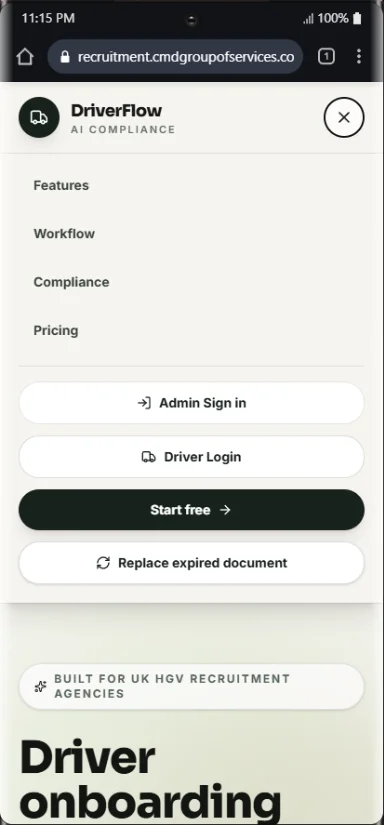 DriverFlow onboarding dashboard
