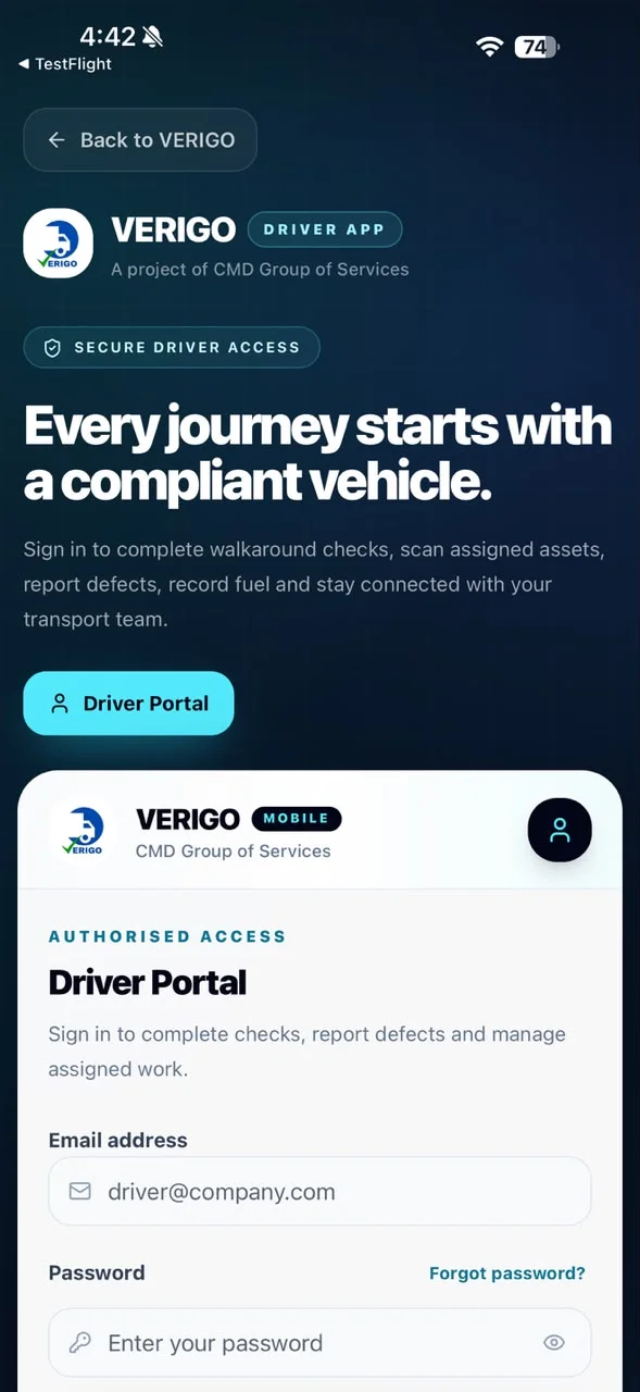 VERIGO driver app sign-in screen on a mobile device.