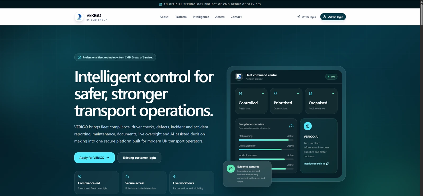 VERIGO product website showing fleet compliance, operational controls and VERIGO AI interface.